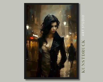 Lámina artística Noche lluviosa en la ciudad: Mujer en soledad (Descarga digital)