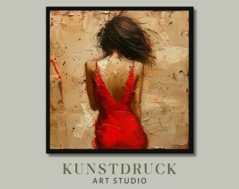 Mujer con vestido rojo: pintura al óleo: arte femenino texturizado (descarga digital)
