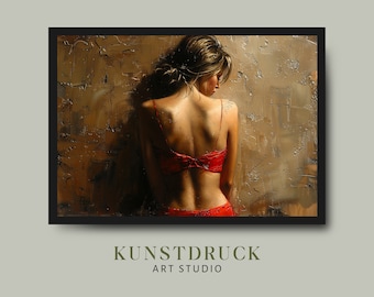 Lámina artística de Mujer con Vestido Rojo: Decoración con Textura Grunge y Glamour (Descarga digital)