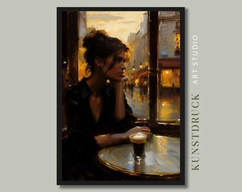 Impresión artística "Mujer en un café parisino: atmósfera nostálgica dorada" (descarga digital)