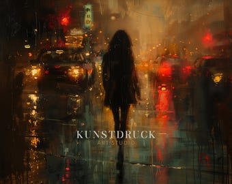 Lámina artística "Noche lluviosa en la ciudad": Mujer urbana melancólica (Descarga digital)