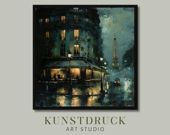 Café parisino nocturno: pintura al óleo melancólica (descarga digital)