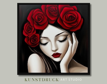 Retrato de mujer con rosas rojas: Impresión artística gótica femenina (descarga digital)