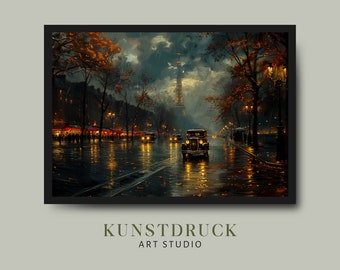 Paisaje urbano de París, coches clásicos, noche lluviosa / Impresión artística al óleo (descarga digital)