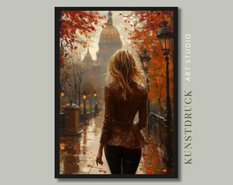 Lámina artística de otoño parisino: Mujer elegante, estilo pintura al óleo (descarga digital)