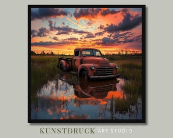 Vintage Truck Wall Art | Rustic Sunset Landscape Printable | Farmhouse Country Decor | Old Pickup Truck Digital Download | Western Wall Art