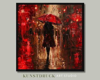 Mujer con paraguas rojos en ciudad lluviosa: Impresión artística impresionista y melancólica (descarga digital)
