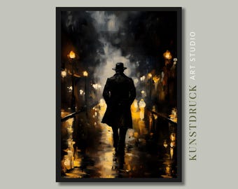 Impresión de cine negro / Hombre con sombrero, noche lluviosa, pintura al óleo digital (descarga digital)