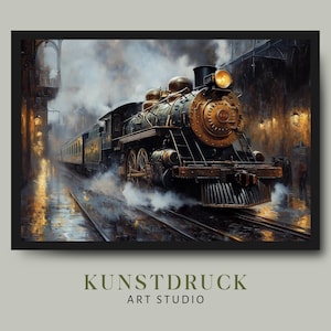 Könnte beinhalten: Eine alte Dampflokomotive fährt nachts in einen Bahnhof ein. Der Zug wird von der Helligkeit der Straßenlaternen und den Scheinwerfern der Lokomotive beleuchtet. Der Zug stößt Dampf und Rauch aus.