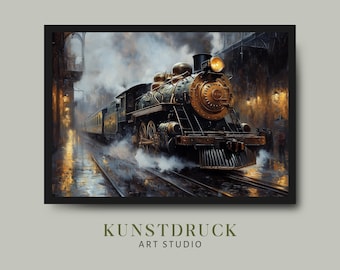 Pintura al óleo de una estación de tren steampunk: Arte retro de locomotora de vapor (descargable)