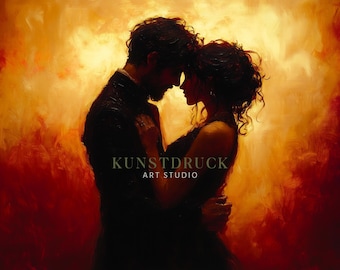 Pintura al óleo de una pareja apasionada: Abrazo romántico (Descarga digital)