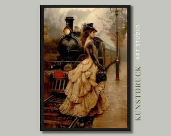 Mujer victoriana en un tren de vapor: Pintura digital nostálgica (descarga digital)