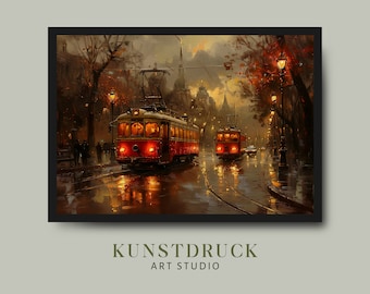 Tranvías rojos clásicos en una ciudad lluviosa: Impresión artística de un otoño acogedor (descarga digital)