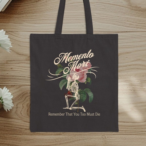 Memento Mori Rose Skeleton Cotton Canvas Tote Bag for Mass Bible Study Book Bag Remember Your Death Latin Phrase Traditional Catholic Merch