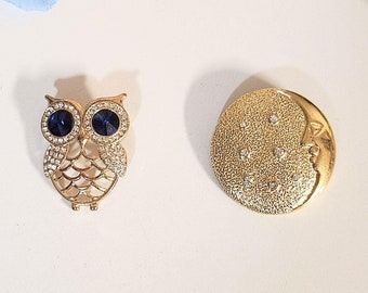 Broche Ancienne Chouette Hibou - Strass Verre Taillé Bleu - Métal Doré - Vintage XXe