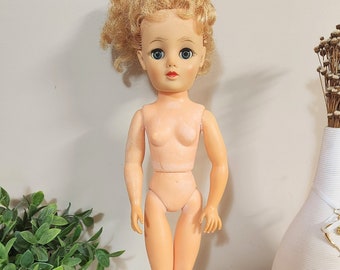 Vintage 1950s Doll Sleepy Eyes 17" - Blonde Curly Hair Blue Eyes