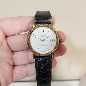 Vintage Citizen Wristwatch Gold Tone Black Band | Ladies Quartz Analog Watch w/ Date Display - Water Resistant - Wrist Bangle / Jewelry Gift