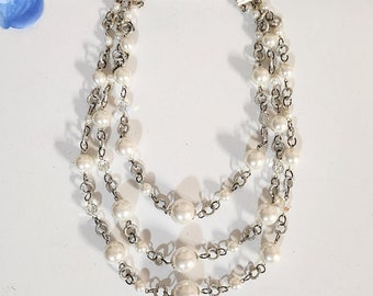 Collier Vintage Rétro à 3 Rangs - Chaines Couleur Or Avec Perles Pastel, Bijou Ancien *5142