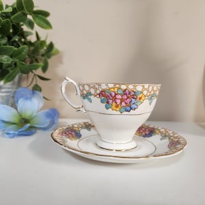 Vintage Royal Albert Hand-Painted Floral Teacup and Saucer Set | Yellow, Pink, Blue Flowers | Royal Albert Tea Cup Saucer Pair
