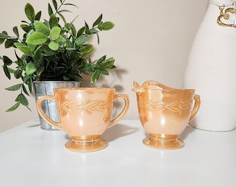 Pfirsich Luster Sahne und Zucker Set / Weizengarbe Luster Ware Creamer OvenWare Anchor Hocking