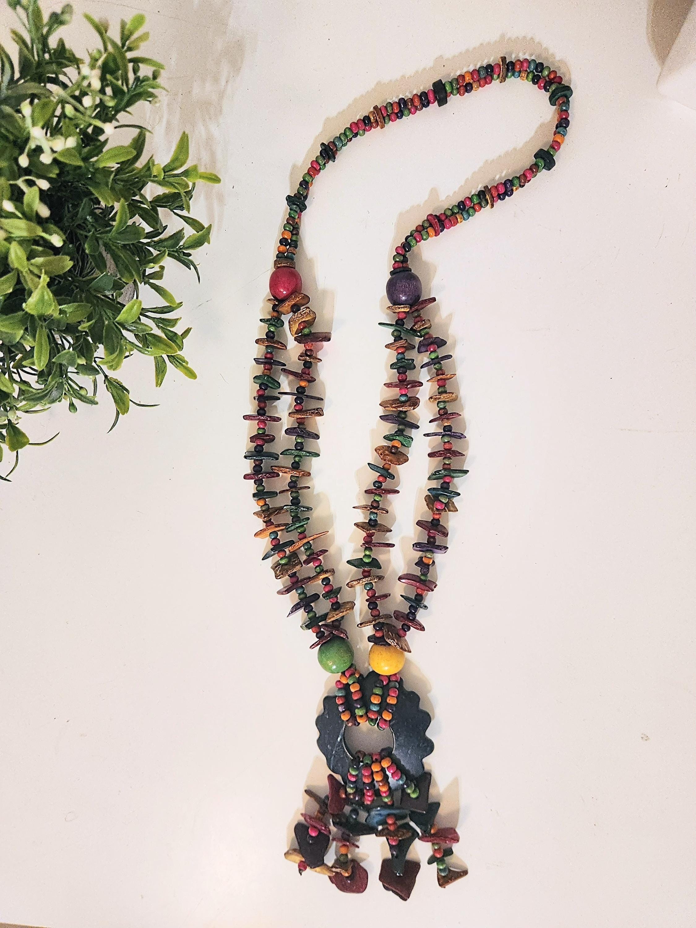 Collana vintage in legno dipinto con guscio di cocco, 30 - Stile hippie boho - Gioielli etnici tribali - Moda tropicale estiva - Italia