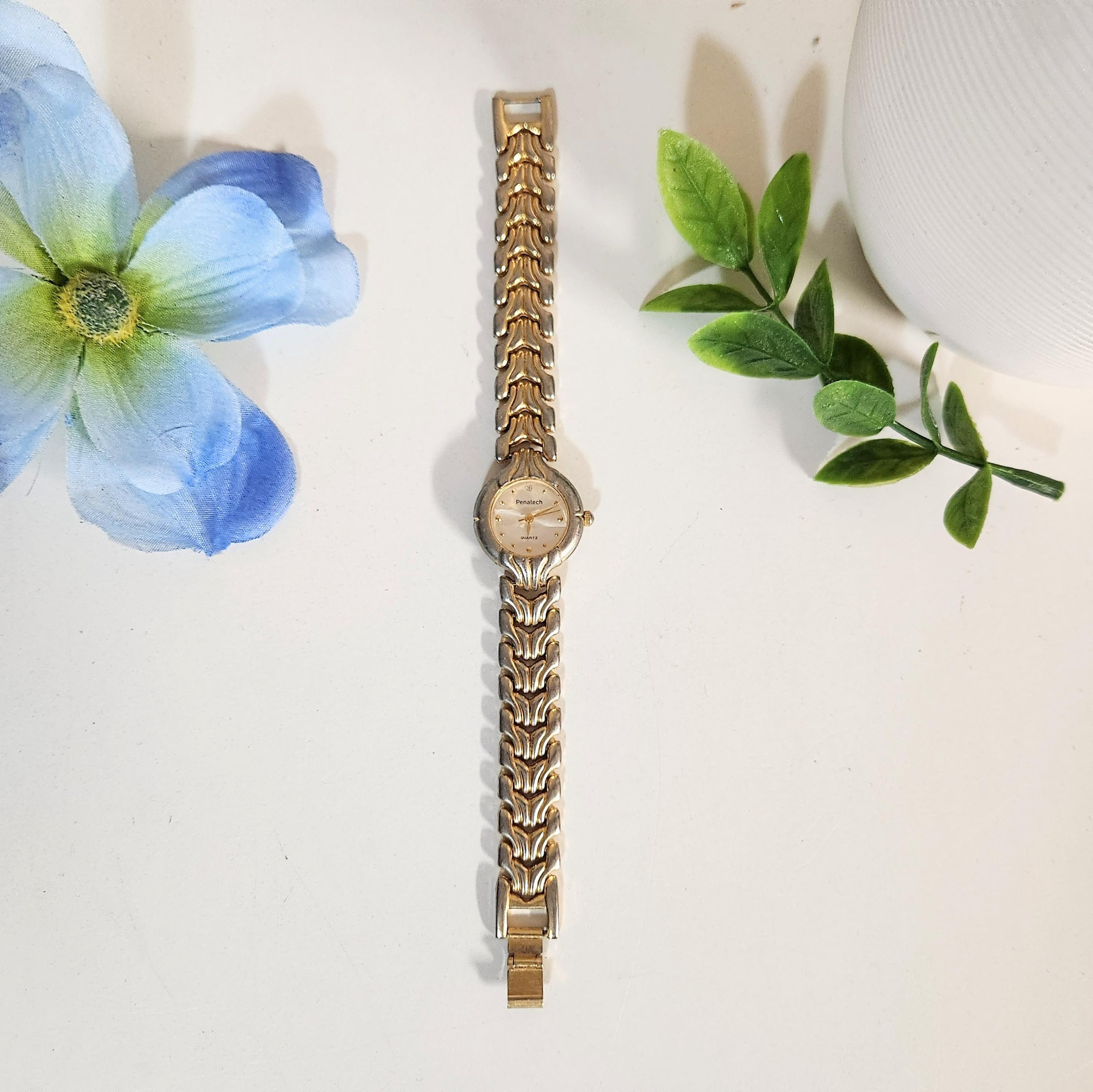 Vintage PENATECH Gold Watch Diamond Crystal Accent Art Deco Sleek Ladies Women s Wristwatch Dainty Elegant Retro Jewellery Gift for Her