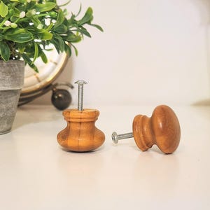 Può includere: Due pomelli per armadi in legno con finitura marrone chiaro e viti argentate. I pomelli sono rotondi con un centro leggermente rialzato.