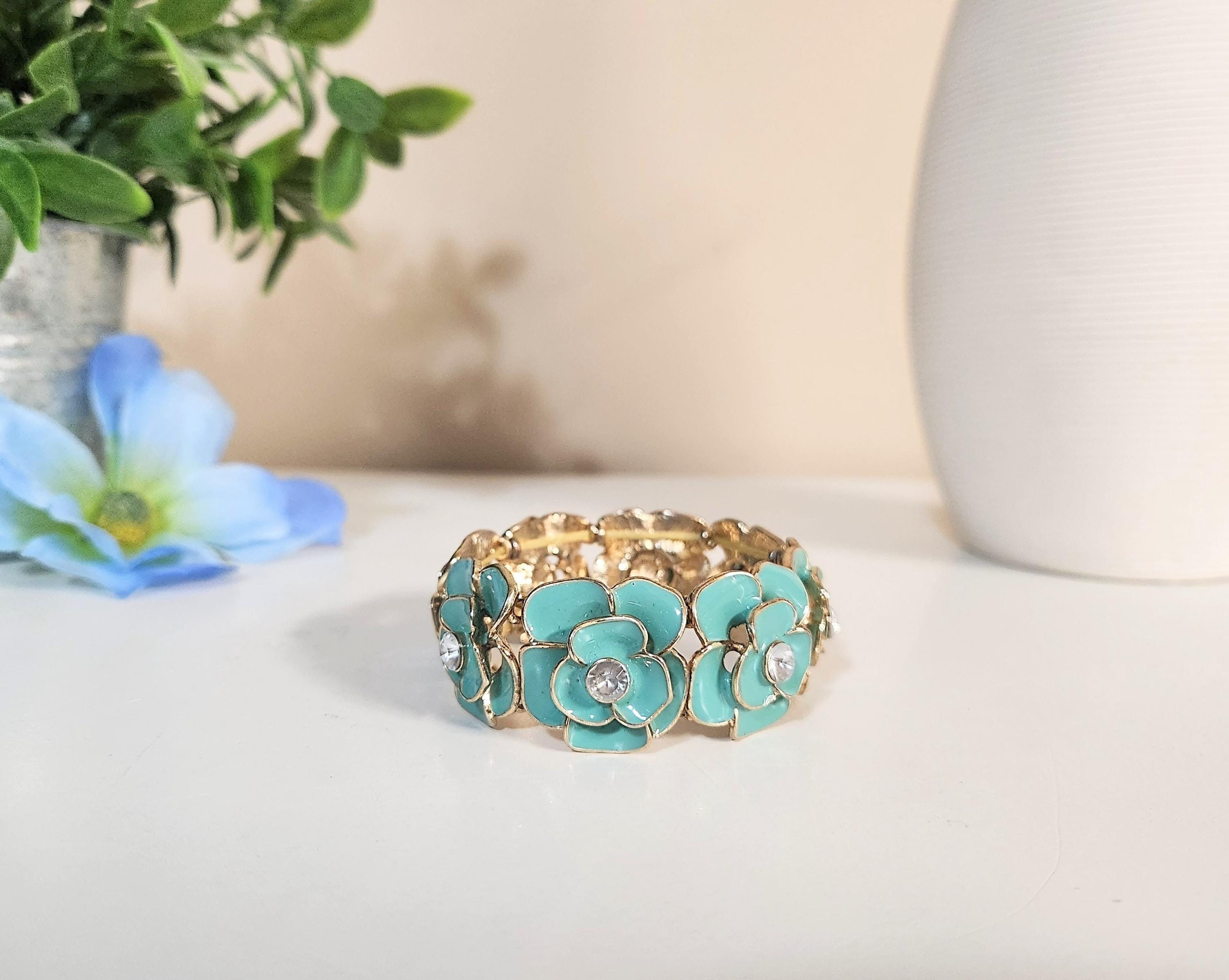 ブレスレット Blue Floral Stone Cuff Bracelet Blue Quartz Silver Floral Bangle Cuff Bracelet, 925 Sterling