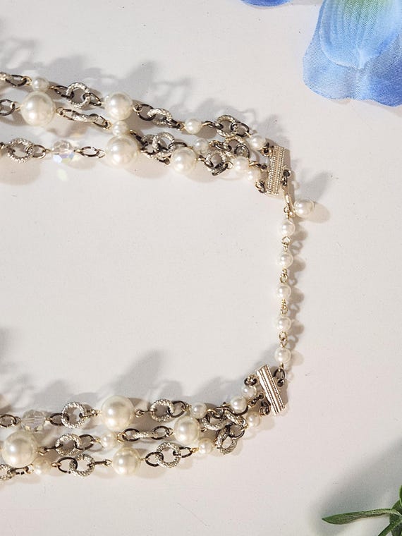 Collier Vintage Rétro à 3 Rangs - Chaines Couleur Or Avec Perles Pastel, Bijou Ancien *5142
