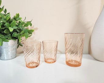 Vintage France Rosaline Pink Glasses Set of 3 - French Glass Swirl Drinking Tumbler Set, Made in France, 60s Retro Blush Pink