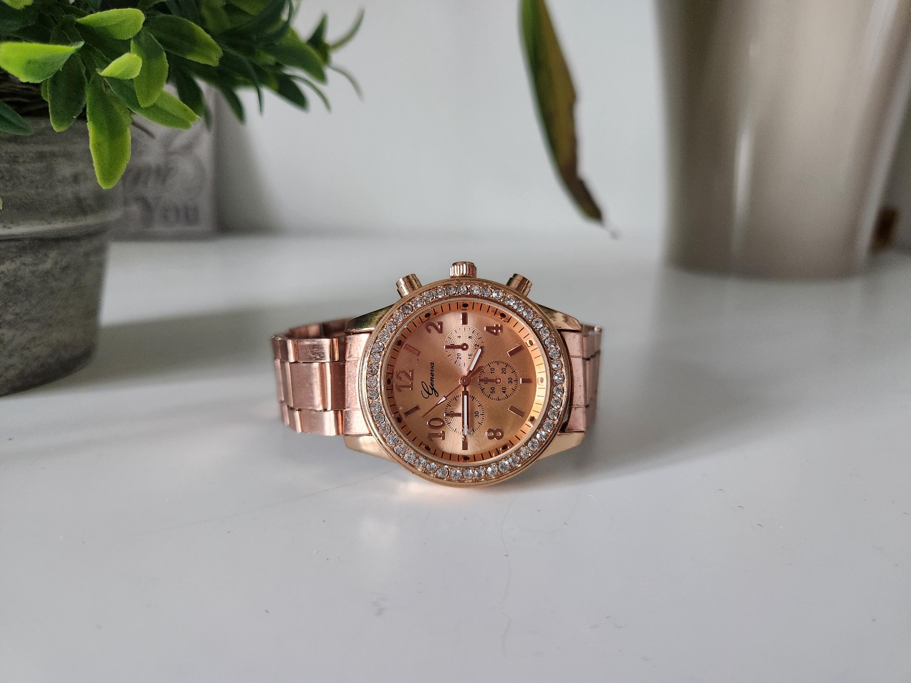 Vintage Geneva Quartz Gold-Tone Bracelet Watch with Rhinestones & Pink Accents Geneva Analog Wristwatches with Diamond Accent for sale | eBay main image 2