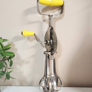 Vintage Hand Mixer Egg Beater Yellow Handle Stainless Steel Blue Whirl image 2