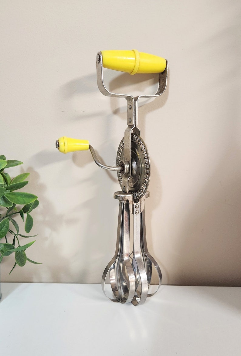 Vintage Hand Mixer Egg Beater Yellow Handle Stainless Steel Blue Whirl image 2