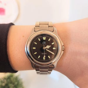 Vintage Men&#39;s Signed &quot;N&quot; Stainless Steel Quartz Watch Black Glow in the Dark Dial - Gent&#39;s Modern/Classic Fashion Wristwatch - Gift for Him
