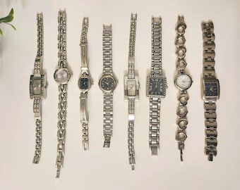 Women's Silver Crystal Watch Set of 8, sold individually-Ladies Dainty Bracelet Wristwatch Lot w/ Rhinestones-Vintage Jewelry-Gift for Her
