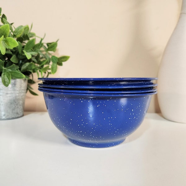 Set of 4 Blue Speckled Enamel Bowls - Enamelware Bowl Set Camping Cabin Kitchenware Cookware Dinnerware