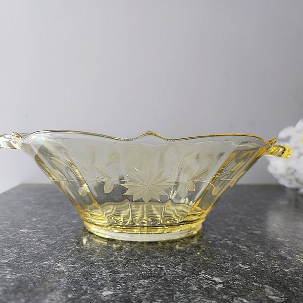 Vintage Lancaster Elegant Yellow Depression Glass Bowl Double Scrolled Handles Etched Flower Leaf / Leaves Design