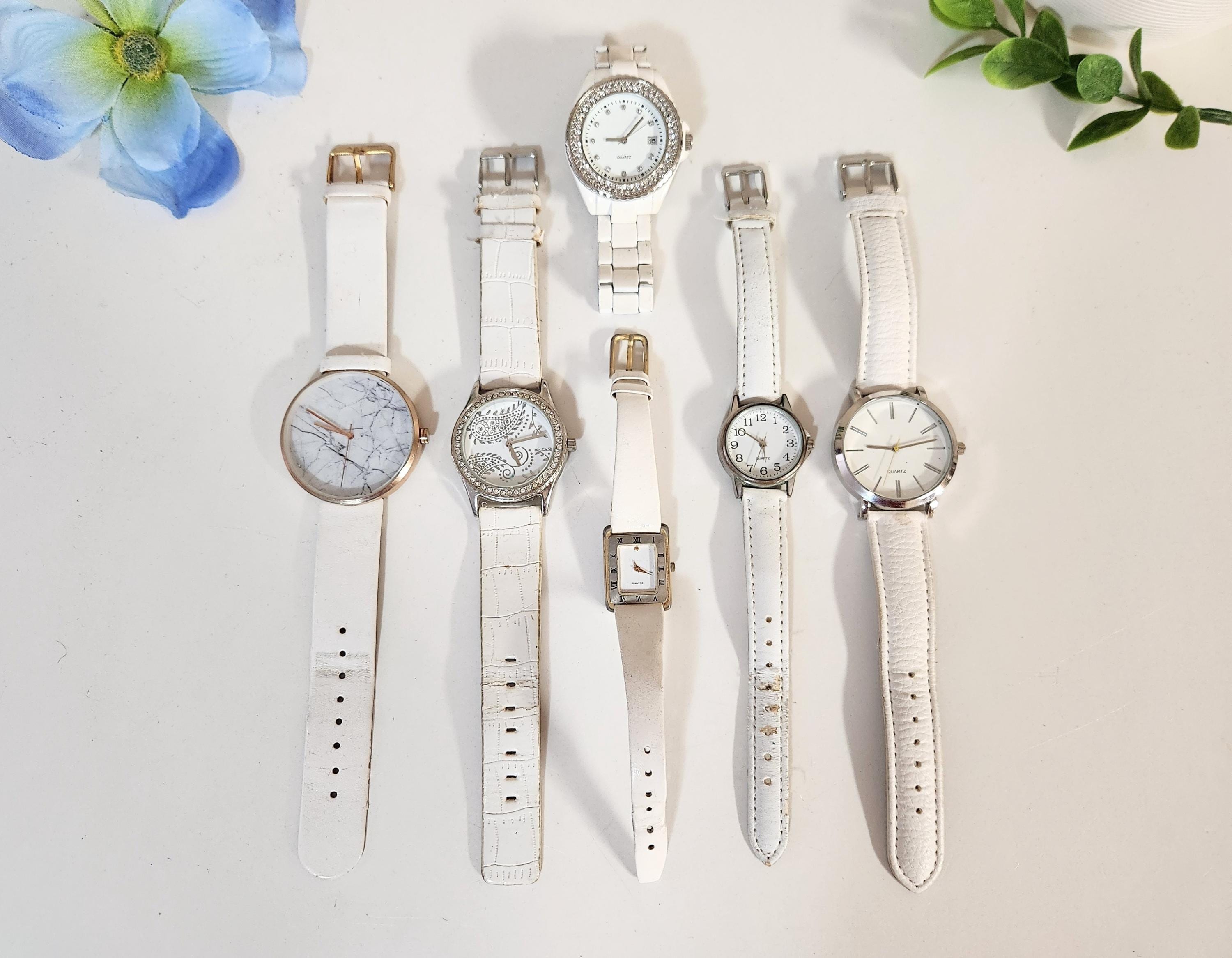 Ladies Quartz Watch Lot White Band/Straps - Women's Bracelet Wristwatch Set of 6
