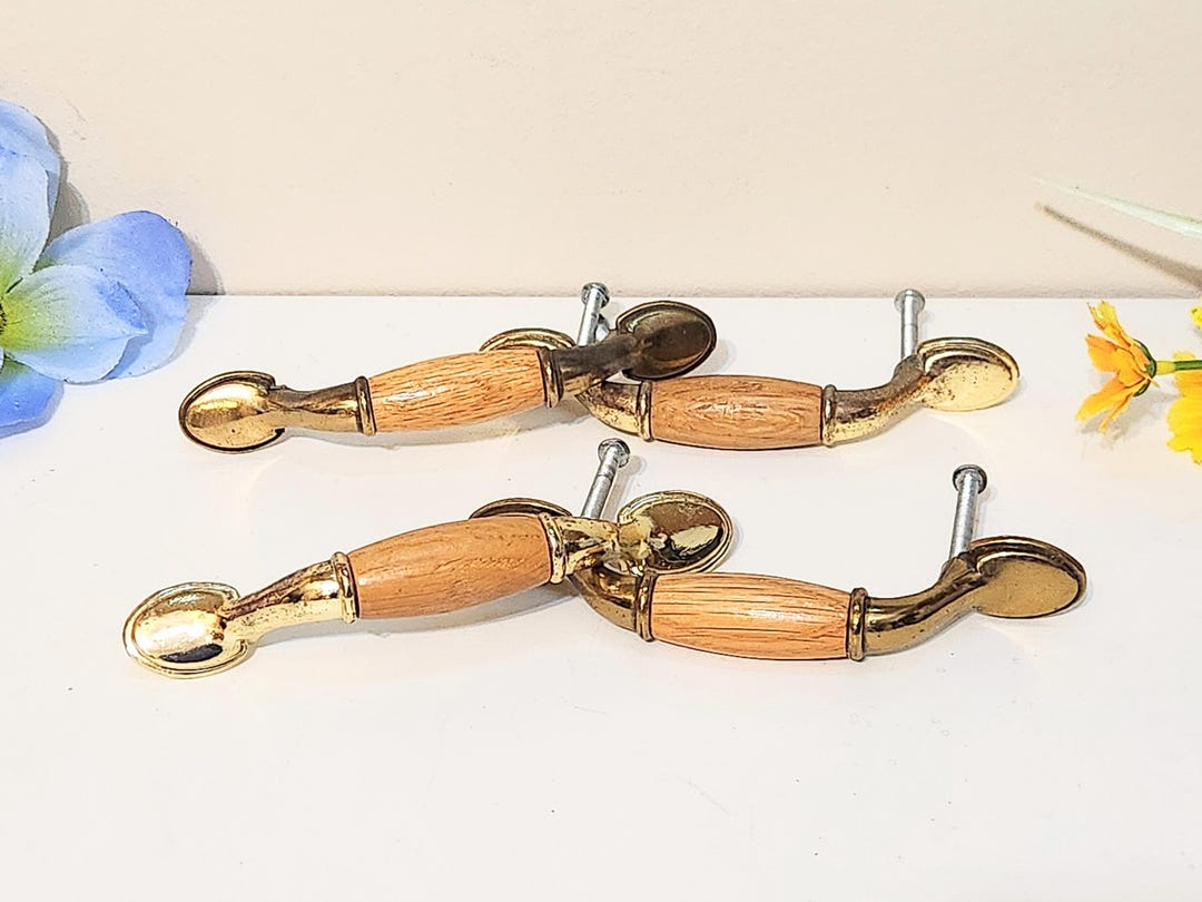 Vintage Polished Brass/oak Wood Kitchen Cabinet Pulls-antique Solid ...