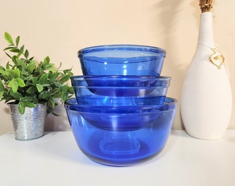 3er Set Kobalt Blaue Nesting Bowls von Anchor Hocking - Vintage Blaue Glas Rührschüsseln - Glas Backformen