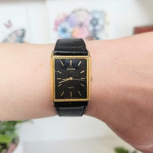 Vintage Seiko Pulsar v501-5a20 Watch Women's/Ladies Rectangular Tank Luxury Designer Quartz Wristwatch Black Leather Strap-Gift for Her-Chic