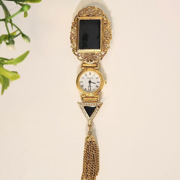 Vintage Geneva Nurse Pin Watch Gold-Tone Tassels Black Enamel w/ Crystal Rhinestones-Ladies/Women's Pinback Brooch Pocket Watch-Gift for Her