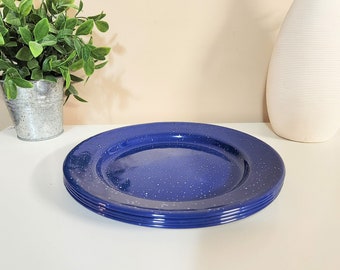 Set of 4 Blue Speckled Enamel Plates 8 3/4" - Enamelware Plate Set Camping Cabin Kitchenware Cookware Dinnerware