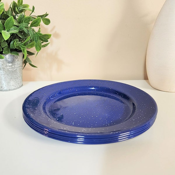 Set of 4 Blue Speckled Enamel Plates 8 3/4" - Enamelware Plate Set Camping Cabin Kitchenware Cookware Dinnerware