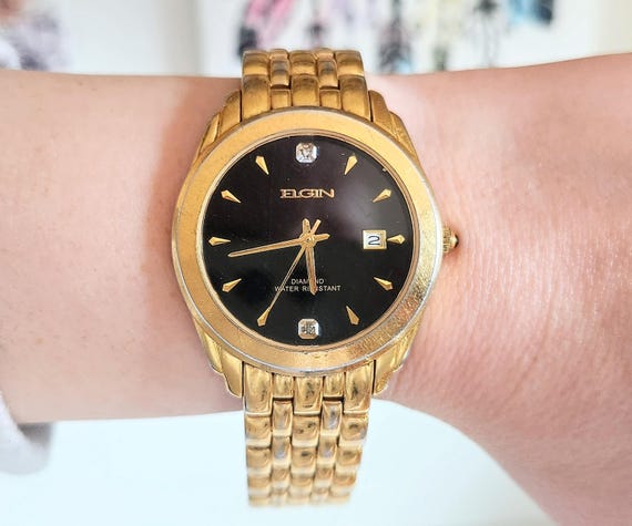 Vintage Mens Diamond Elgin Gold-tone Date/day Wristwatch 