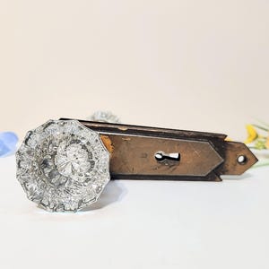 Antique Crystal Glass Doorknob Set Metal Brass Key Hole Backplates-Vintage Knob Lockset Hardware-Victorian Shabby Chic Salvage Door Handle