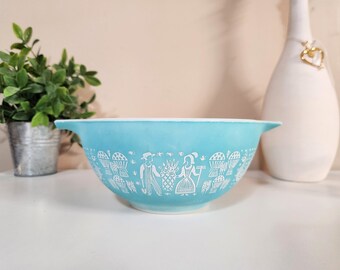 Pyrex Amish Butterprint Turquesa sobre blanco 442 1 1/2 cuarto de galón Cenicienta Bowl