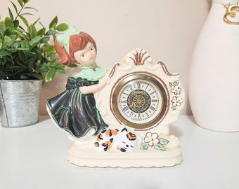 Vintage Porzellan Uhr westdeutsches Mädchen und Katze aufziehen