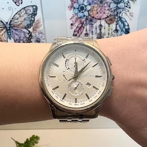 Citizen Chronograph Day Watch Silver-Tone Stainless Steel Mens Eco-Drive World Wristwatch-Luxury/Designer Jewelry-Birthday Gift for Him/Gent