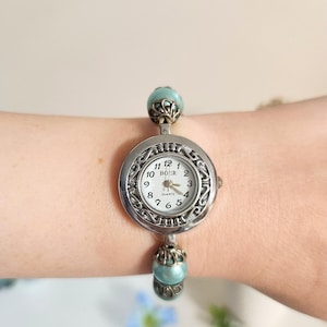 Bonito reloj vintage con cuentas azules de Boer, pulsera elástica de cuarzo estilo art déco para mujer, reloj de pulsera para niñas y mujeres, joyería plateada, regalo